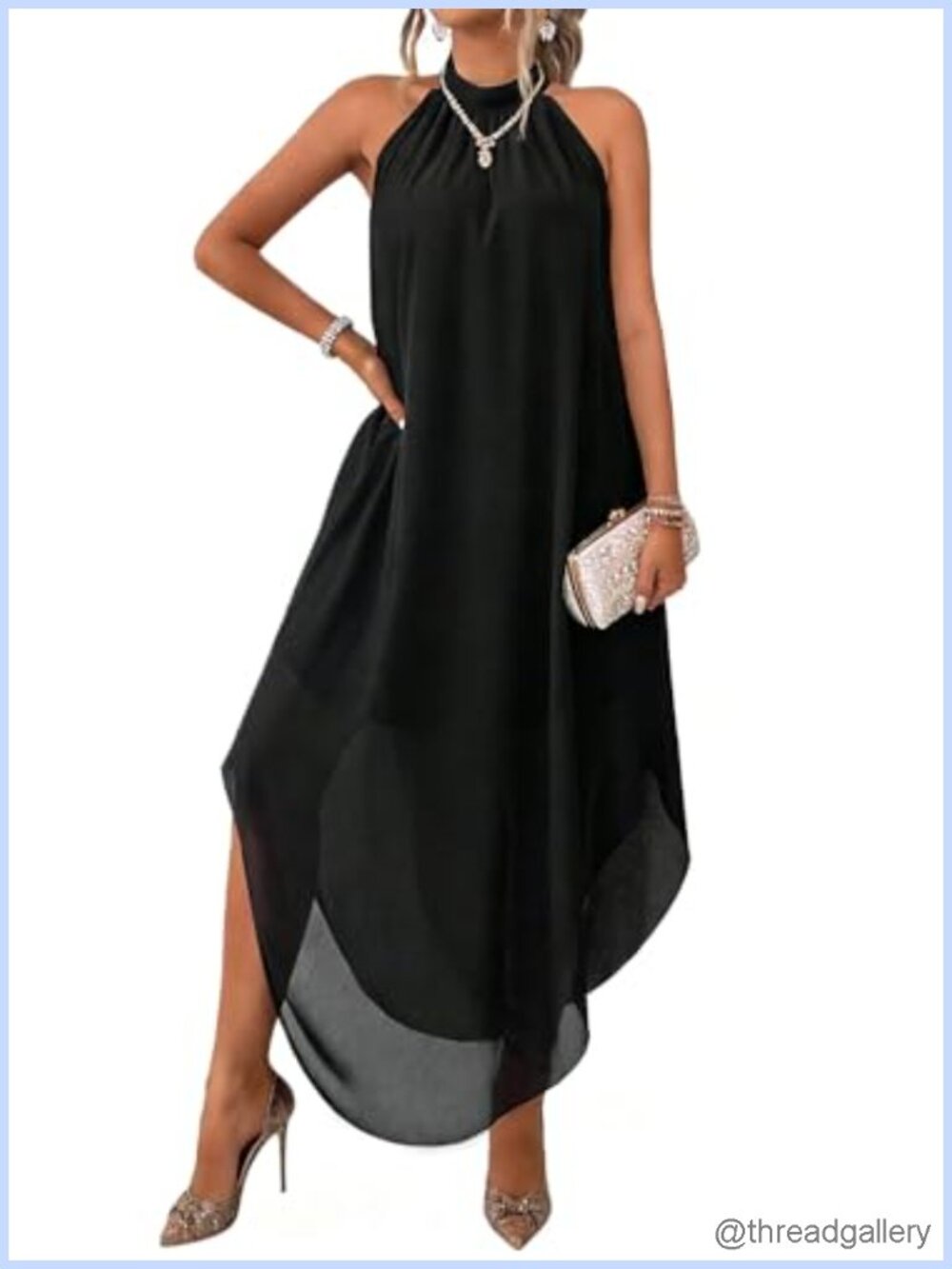 Womens Sleeveless Halter Neck Chiffon Maxi Dress Double Layer Flowy A-Line
